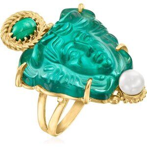 18kt Gold Over Sterling Silver Malachite & Cultured Pearl Statement Ring